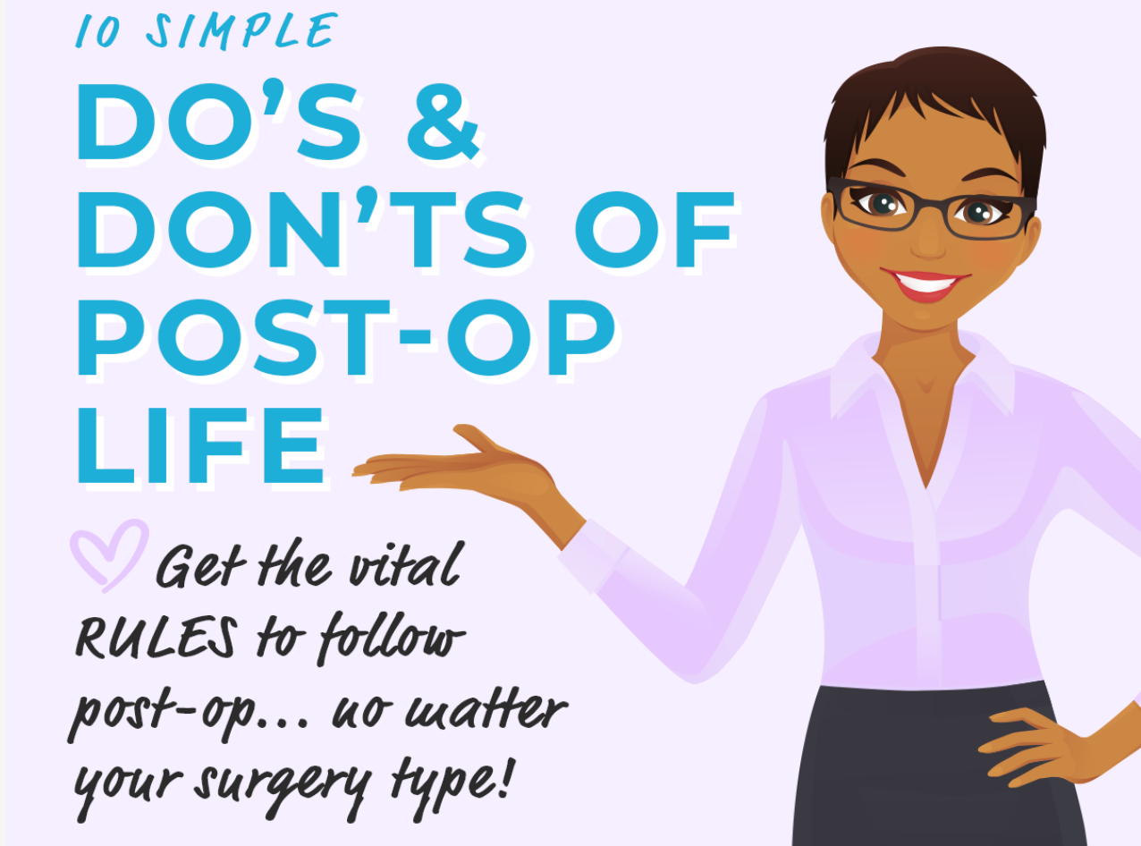 Illustration of a smiling woman pointing to text about simple post-op do’s and don’ts.
