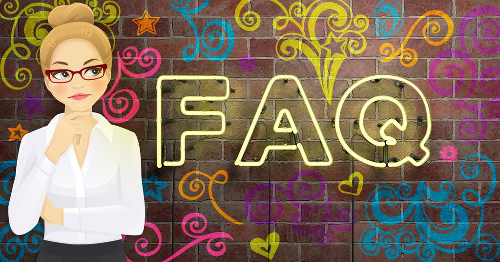 Illustration of a woman with glasses and a thoughtful expression standing beside a large neon-style FAQ sign on a brick wall decorated with colorful swirls, stars, and hearts.