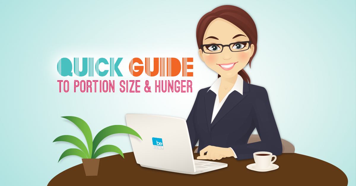 Illustration of a smiling woman at a laptop with text Quick Guide to Portion Size & Hunger beside her.