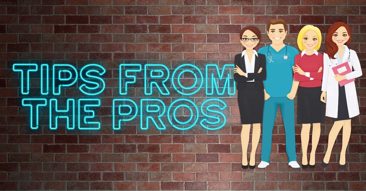 Neon text reading ‘Tips From the Pros’ beside illustrated professionals standing against a brick wall background.