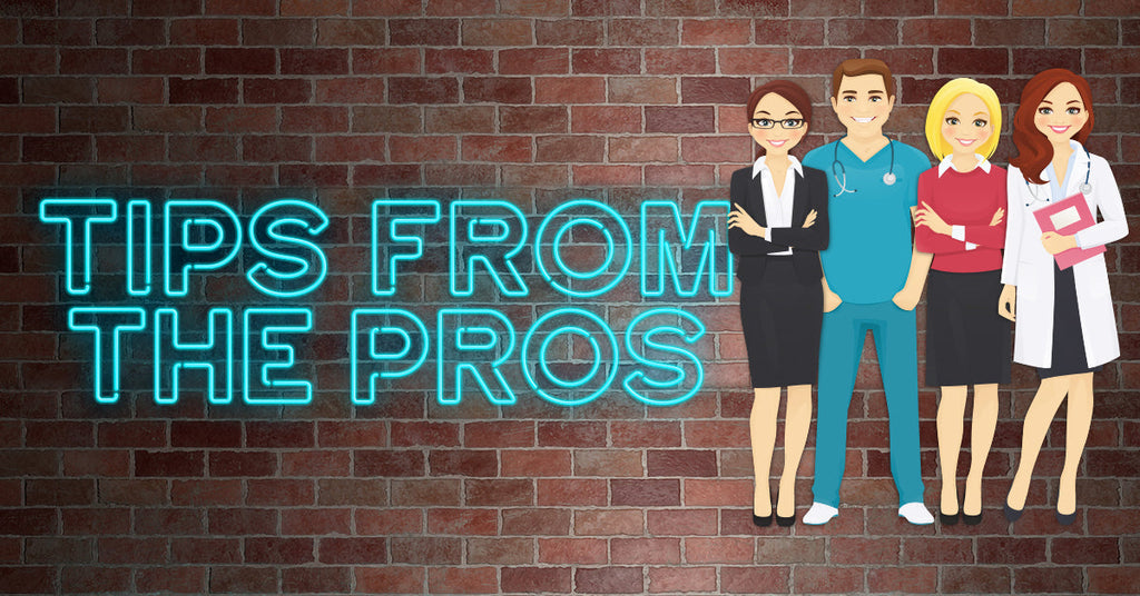 Neon Tips From the Pros sign on a brick wall beside illustrated medical and business professionals.