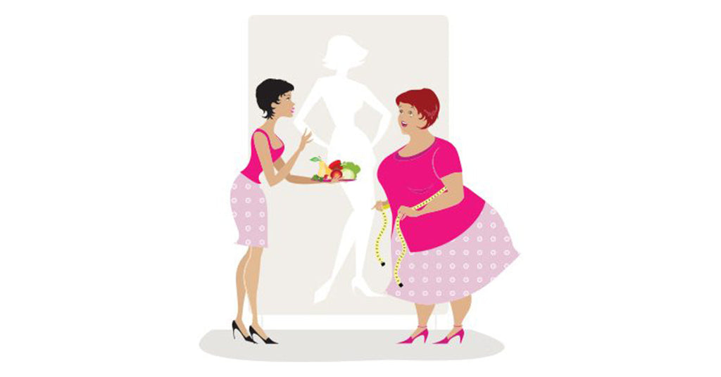 Two women in pink outfits interact in front of a silhouette; one holds a plate of fruit while the other measures her waist with a tape, suggesting a conversation about health and body image.