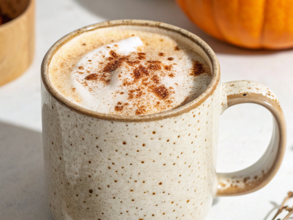 Pumpkin Spice Protein Coffee made with Alex’s Low Acid Coffee and Inspire Protein Powder, topped with foam and cinnamon in a beige mug – bariatric-friendly fall drink recipe.