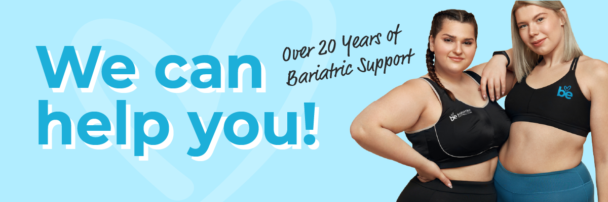 Two women in athletic wear smiling beside text offering bariatric support with the phrase We can help you!