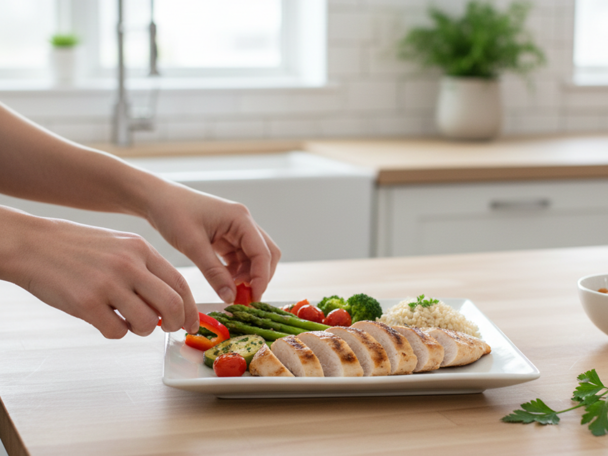 **Hero image alt text:** Hands arranging a balanced spring meal with sliced chicken, vegetables, and grains, following protein-first bariatric eating principles in a bright kitchen.