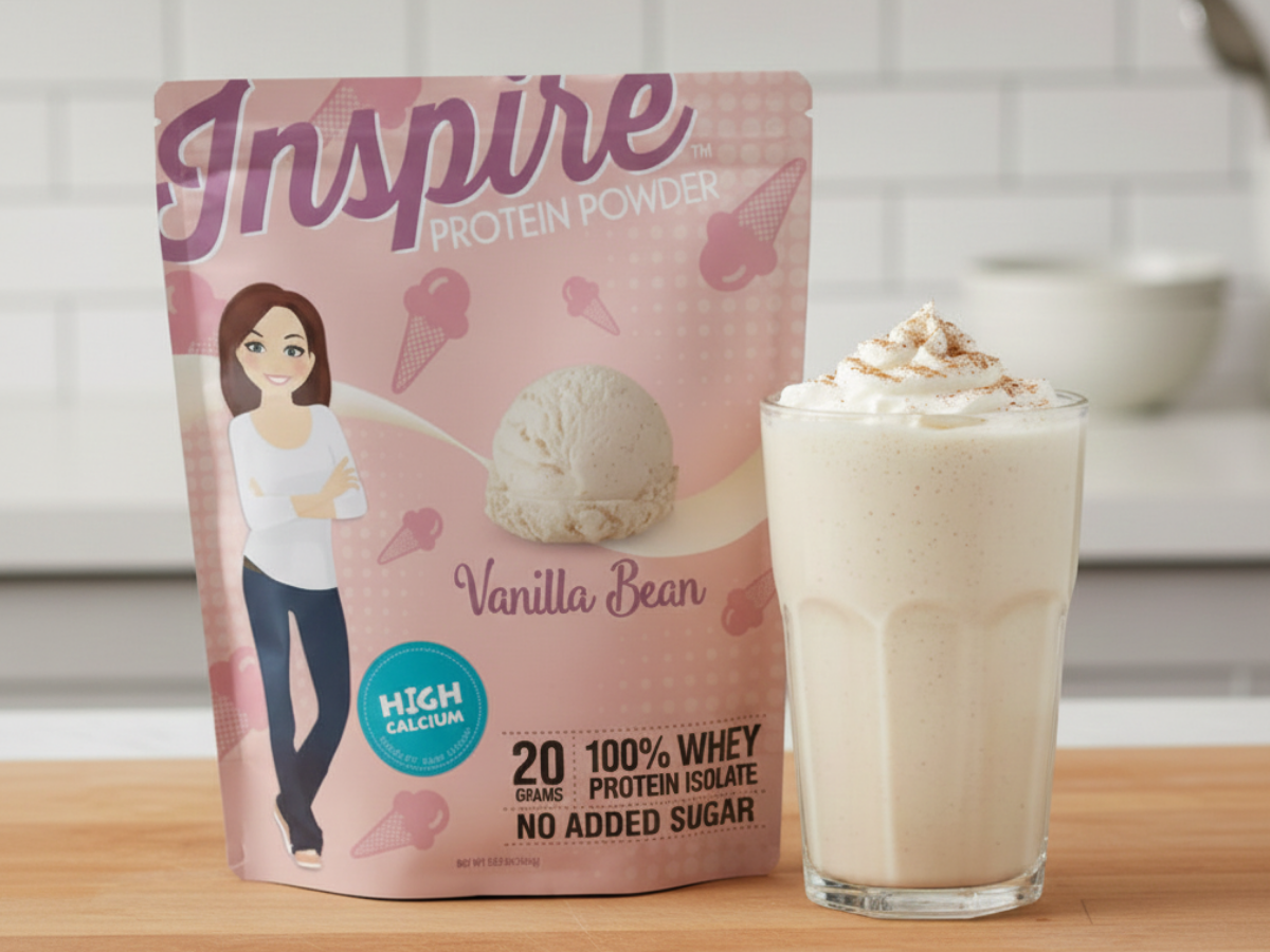 Inspire vanilla bean protein powder from Bariatric Eating placed beside a creamy cinnamon-spiced protein smoothie topped with whipped cream on a kitchen counter.