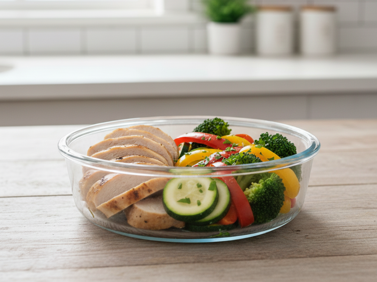 Protein-first chicken and veggie bowl with sliced chicken and mixed vegetables, prepared for easy spring meal prep and bariatric-friendly eating.