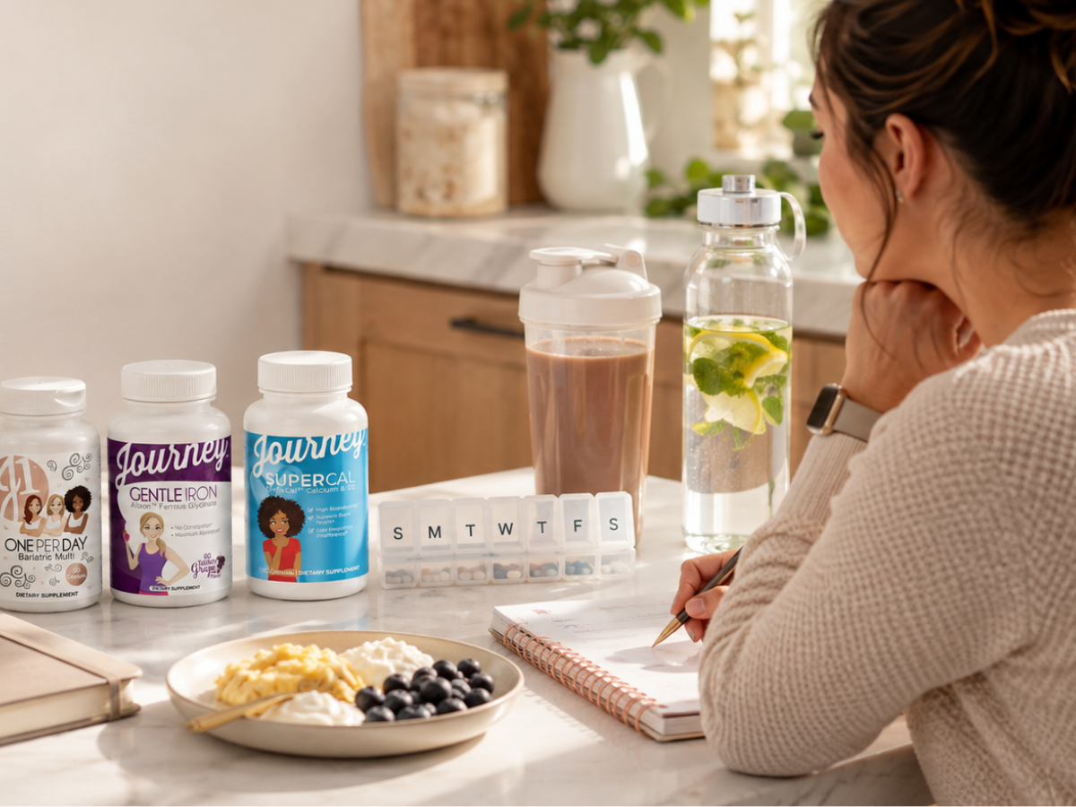 Morning wellness routine with Journey bariatric vitamins, protein shake, water, pill organizer, protein-focused breakfast, and planner on a sunlit kitchen counter.