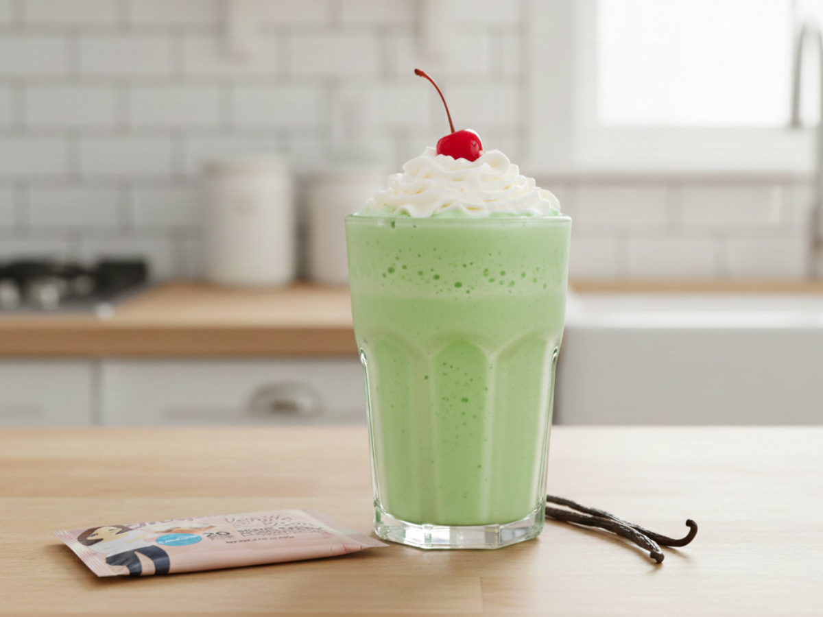 Bright green protein shake topped with whipped cream and a cherry, served in a clear glass on a kitchen counter with Inspire vanilla protein powder nearby.