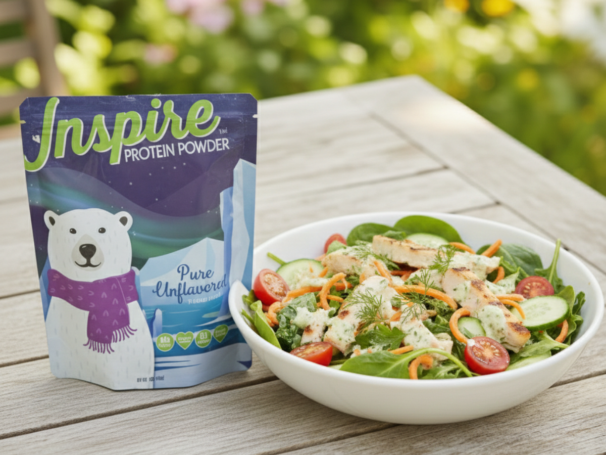 Spring veggie protein salad with mixed greens and vegetables served on an outdoor patio table, paired with Inspire unflavored protein powder in a light, airy spring setting.