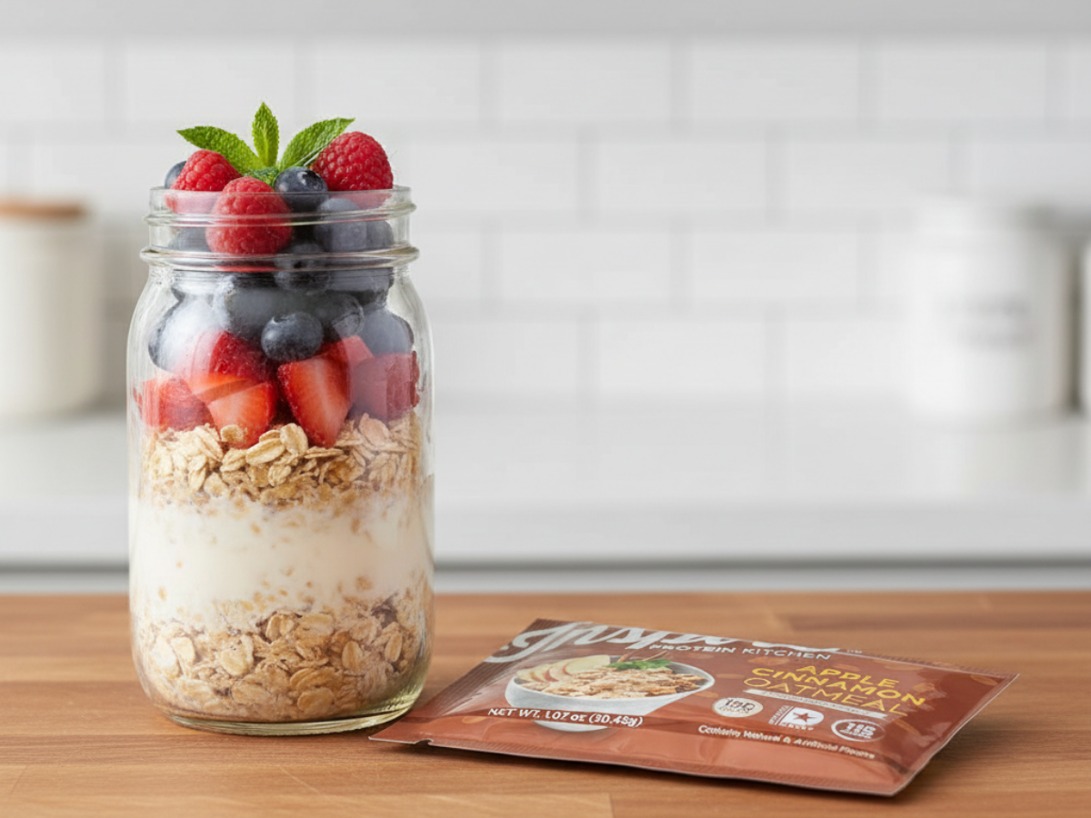 Jar of spring berry overnight protein oats layered with oats, almond milk, and mixed berries, placed on a kitchen counter with Inspire cinnamon protein oatmeal packet beside it.
