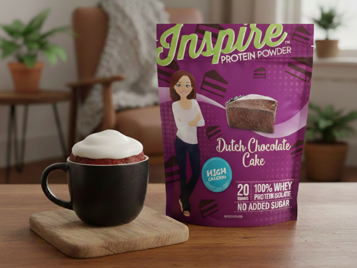 High-protein red velvet mug cake with creamy topping in a black mug beside Inspire Protein Dutch Chocolate Cake powder on a warm, cozy tabletop setting.
