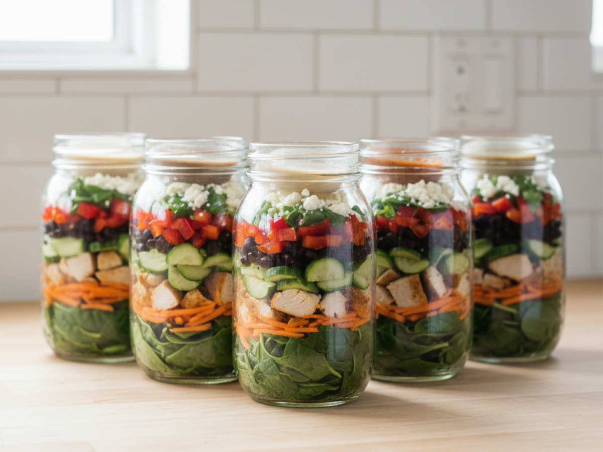 High-protein power salad jars layered with vegetables and protein for bariatric meal prep