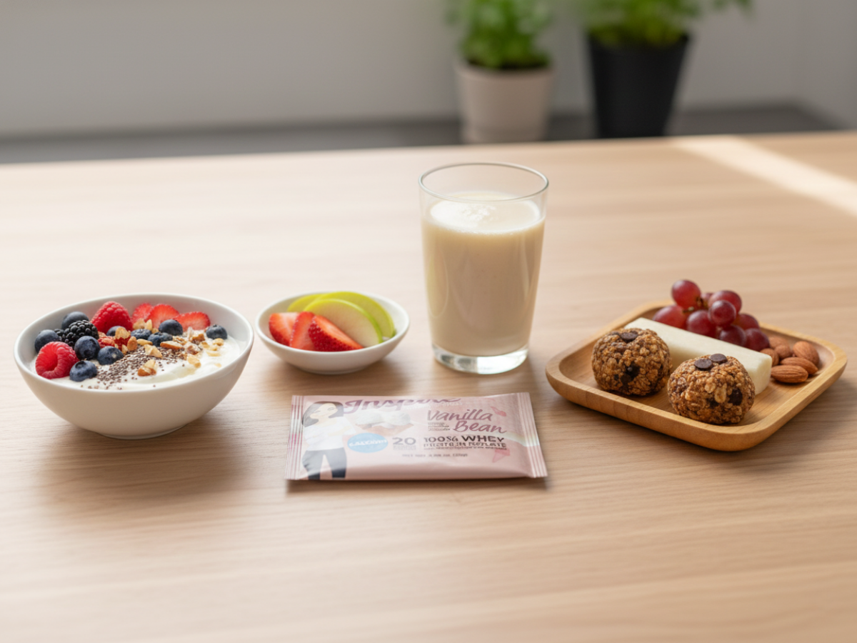 Spring protein snack spread featuring a protein yogurt bowl with berries, Inspire Protein – Vanilla shake with fruit, and a balanced snack plate with protein bites, nuts, and grapes arranged on a table.