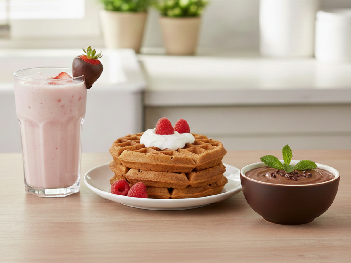 A chocolate protein smoothie with a chocolate-covered strawberry, a stack of waffles topped with whipped cream and raspberries, and a bowl of chocolate mousse garnished with mint sit on a wooden table.