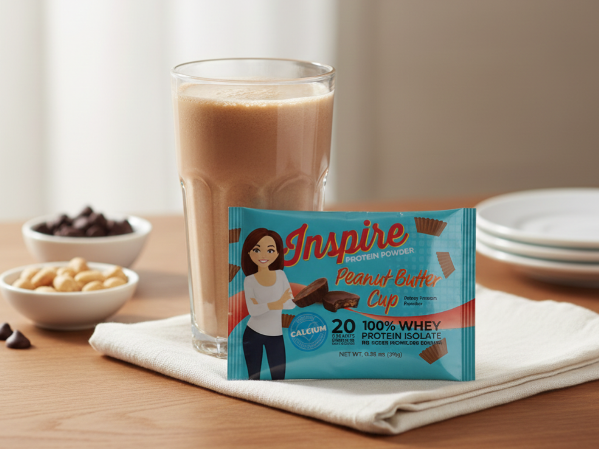 Chocolate peanut butter protein shake served in a glass beside Inspire Protein Peanut Butter Cup by Bariatric Eating in a brunch-ready setting.