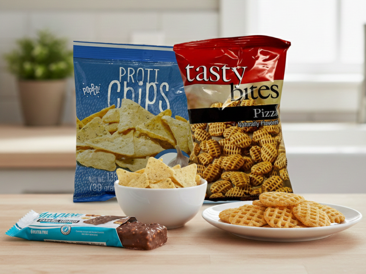 Bariatric-friendly snack swaps displayed on a kitchen counter, including protein chips, pizza-flavored protein bites, and a caramel crunch protein bar arranged for spring eating.