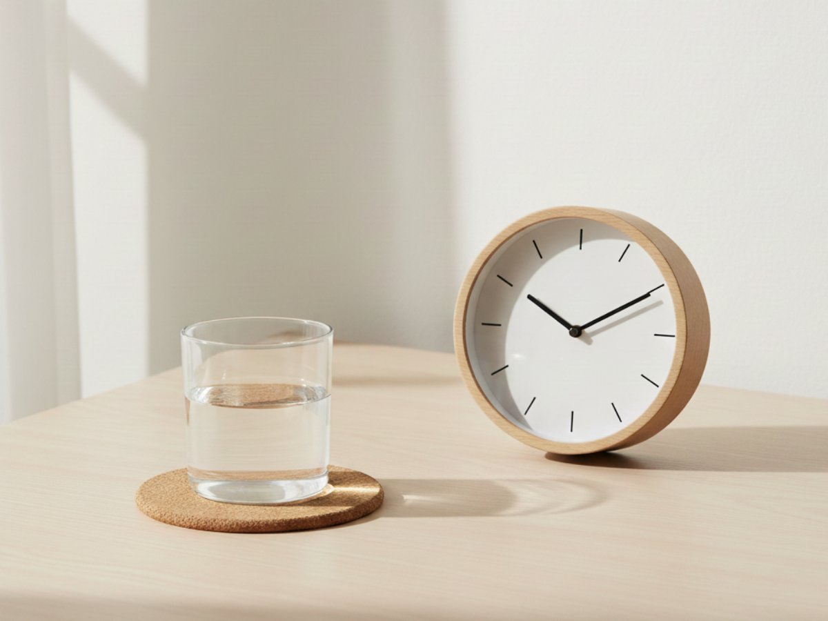 Glass of water placed beside a clock to illustrate the 30 minute rule for hydration timing after bariatric surgery