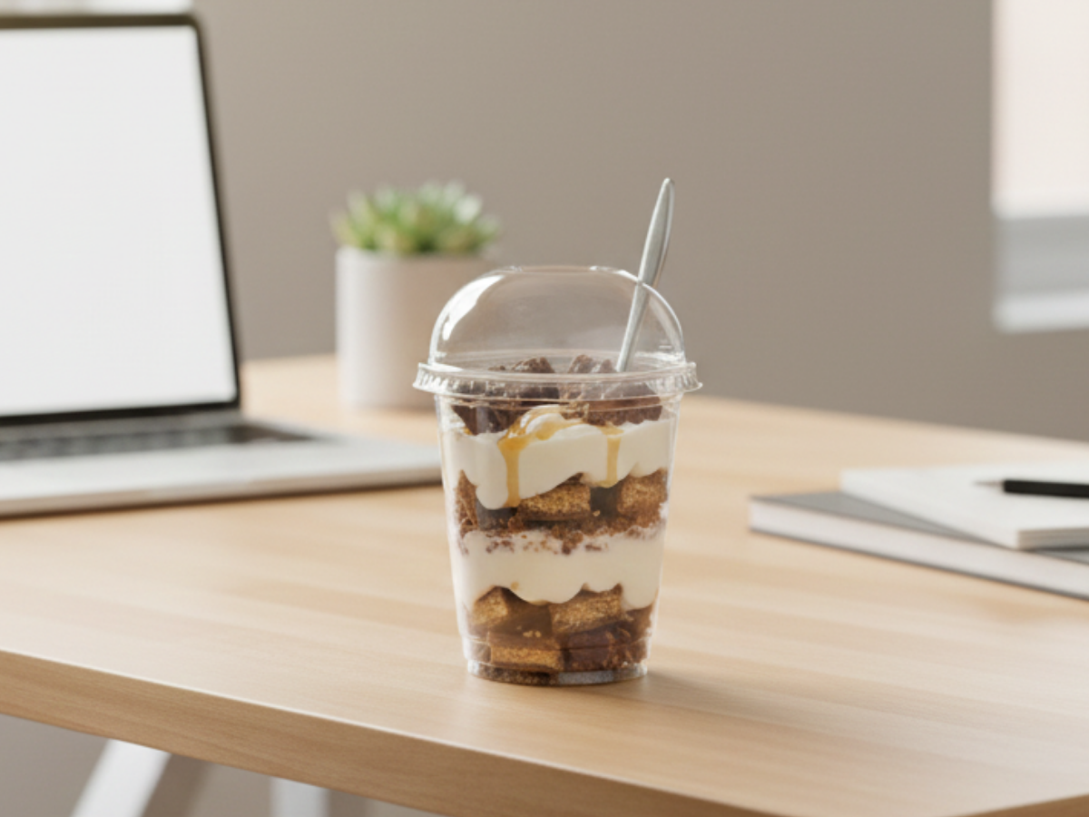 On-the-go protein bar parfait layered with Greek yogurt, chopped protein bar pieces, and syrup in a clear portable cup on a desk workspace.