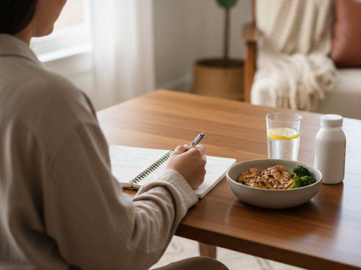 Person seated at a table writing in a journal beside a balanced protein-focused meal, a glass of water with lemon, and a bottled supplement, representing mindful bariatric self-care and adherence routines.