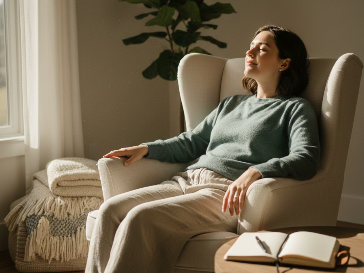 A woman resting comfortably in a chair near a window, eyes closed, with a notebook nearby—illustrating improved energy, calm, and non-scale progress after bariatric surgery.