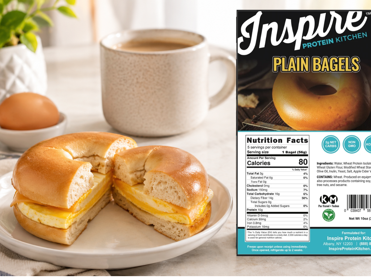 High-protein egg and cheese breakfast sandwich made with an Inspire Protein Kitchen Plain Bagel.