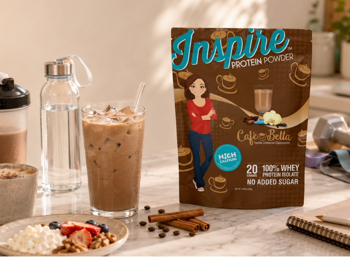 Inspire Protein Café Bella with iced protein coffee, breakfast, water, dumbbells, resistance bands, and a wellness journal on a sunlit kitchen counter.
