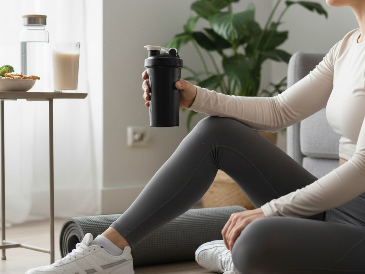 Protein-focused recovery moment after exercise with shaker bottle, mat, and hydration in a calm home setting.