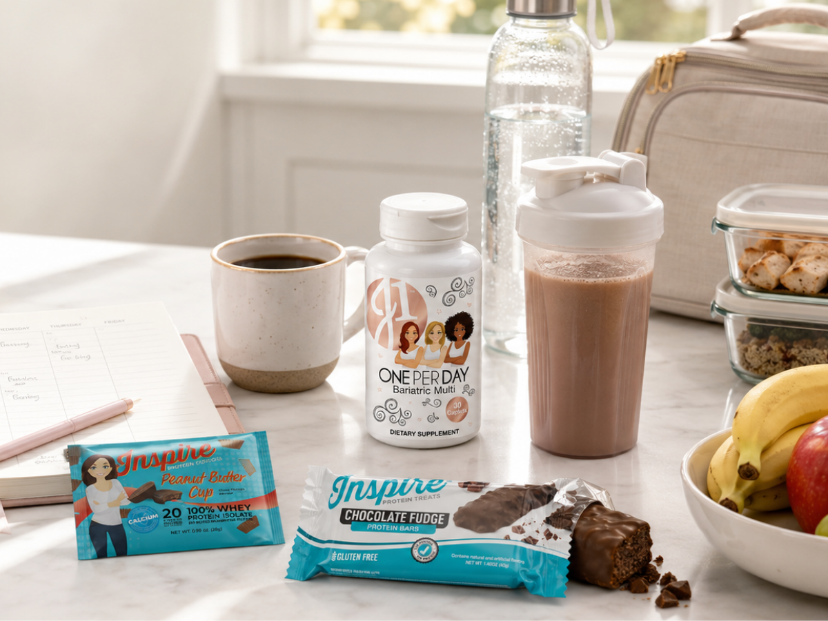 Organized morning routine with Journey One Per Day Multi, Inspire Peanut Butter Cup protein powder, Inspire Chocolate Fudge Protein Bar, planner, coffee, protein shake, meal prep containers, fruit, and water bottle.