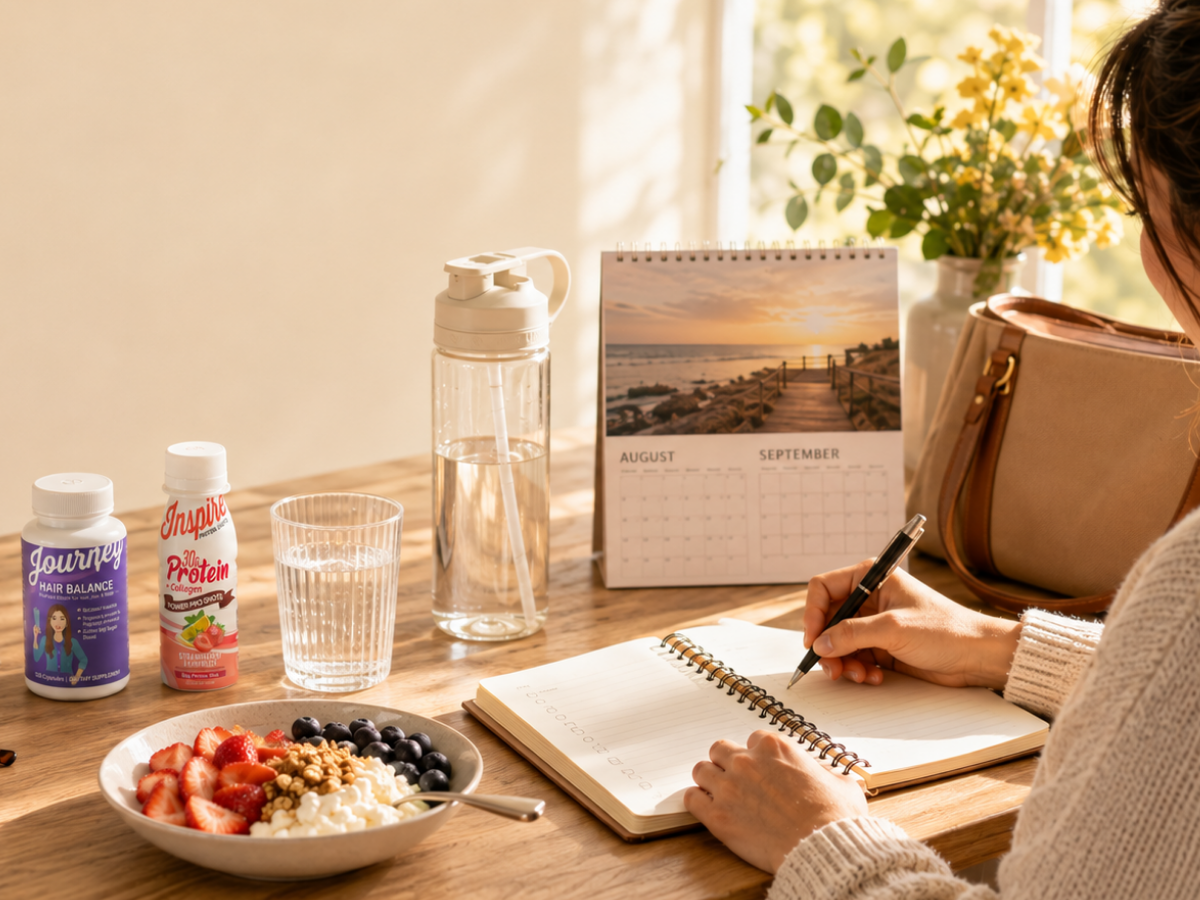 Woman journaling at a sunlit table with Journey Hair Balance, Inspire Strawberry Lemonade Protein Shot, a protein-rich breakfast, water, and a late-summer calendar.