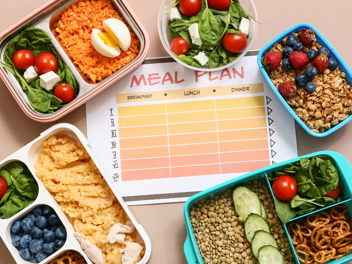 Simple 5 day meal planning setup with portioned protein first meals in containers surrounding a written meal plan for breakfast, lunch, and dinner