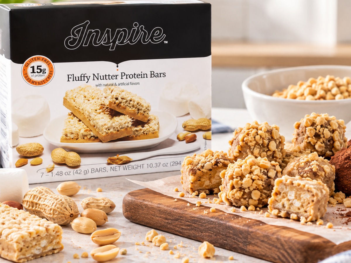 No-bake peanut butter protein bar bites coated in crushed peanuts and cocoa beside a box of Inspire Fluffy Nutter Protein Bars.