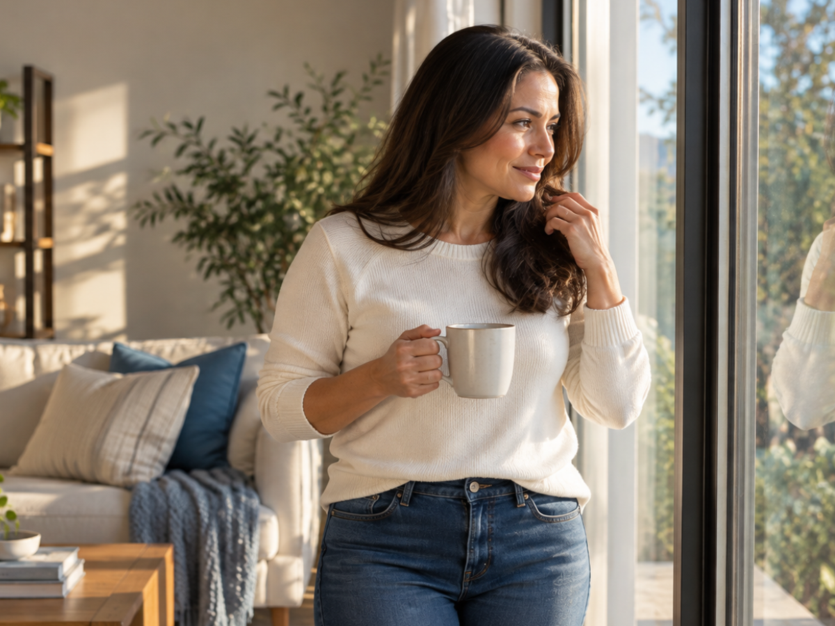 Woman in a cream sweater and jeans holding a coffee mug while looking thoughtfully at her reflection in a sunlit living room.