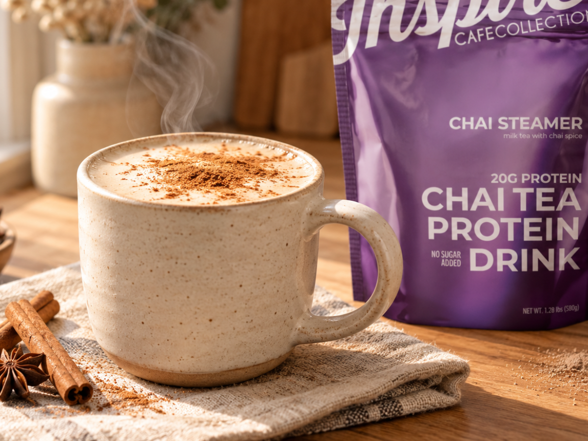Warm chai protein latte topped with cinnamon in a ceramic mug, surrounded by cinnamon sticks and star anise, with Inspire Chai Steamer Protein Powder in a cozy kitchen setting.
