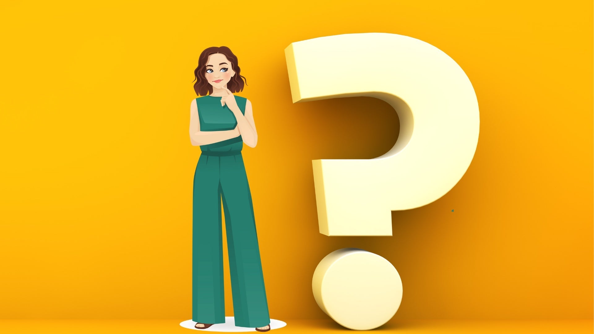 Illustration of a woman standing thoughtfully beside a large 3D question mark on a bright yellow background.