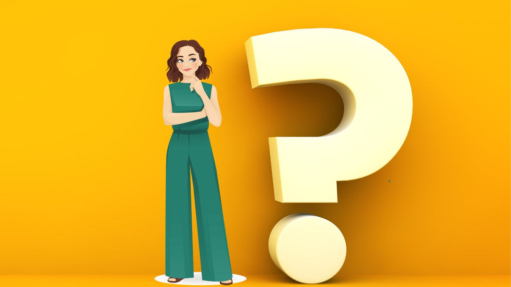 Illustration of a woman standing thoughtfully beside a large 3D question mark on a bright yellow background.