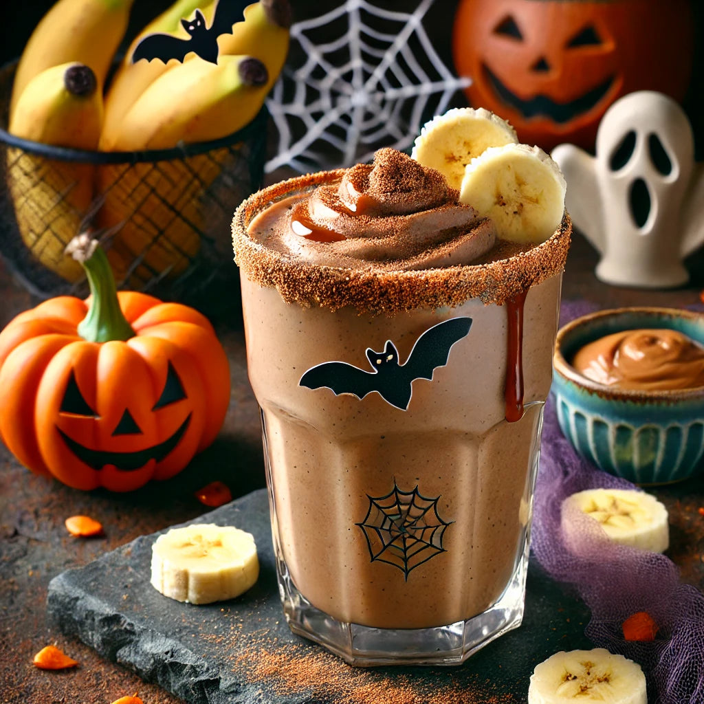 A Halloween-themed smoothie topped with banana slices and a bat decoration sits on a dark surface, surrounded by a carved pumpkin, bananas, and a ghost figurine, creating a festive atmosphere.