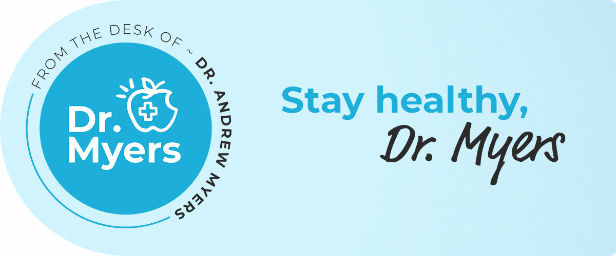 Dr. Myers circular logo with apple and cross icon beside the text Stay healthy, Dr. Myers.