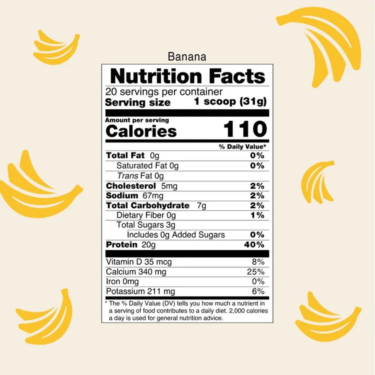 A nutrition facts label for a banana shows serving size, calories, and nutrient details, surrounded by illustrations of bananas on a light background.