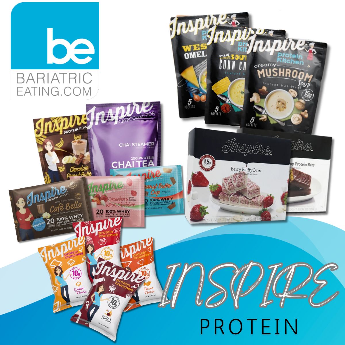 A variety of protein-rich products from Inspire, including soups, protein bars, and powders, are displayed against a colorful background, highlighting their benefits for bariatric eating.