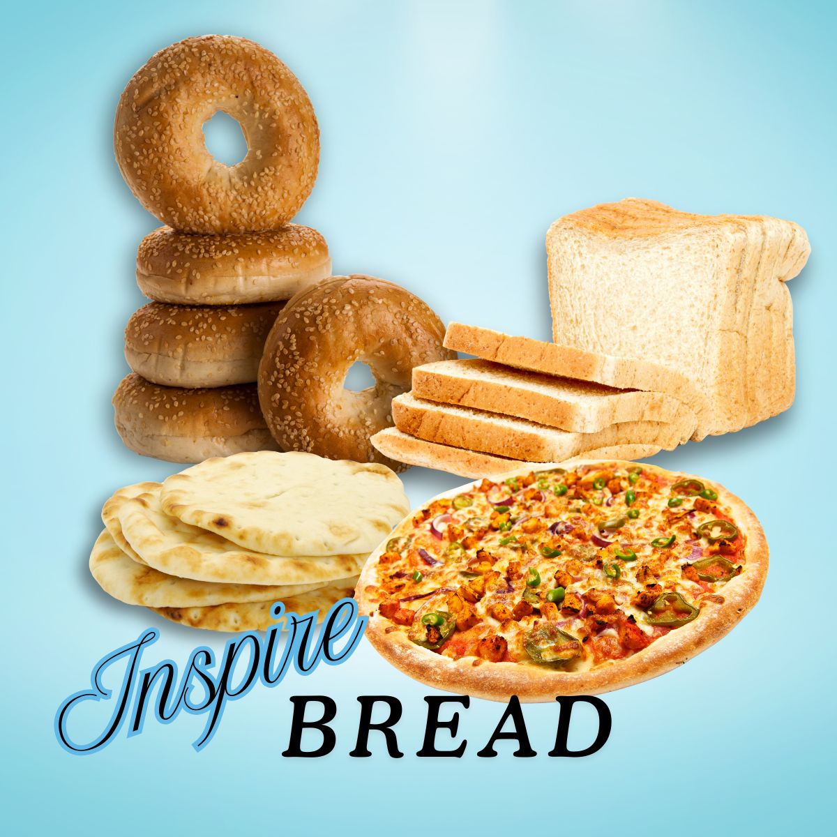 A variety of breads, including sesame bagels, sliced white bread, naan, and a topped pizza, are displayed against a light blue background with the text "Inspire BREAD."