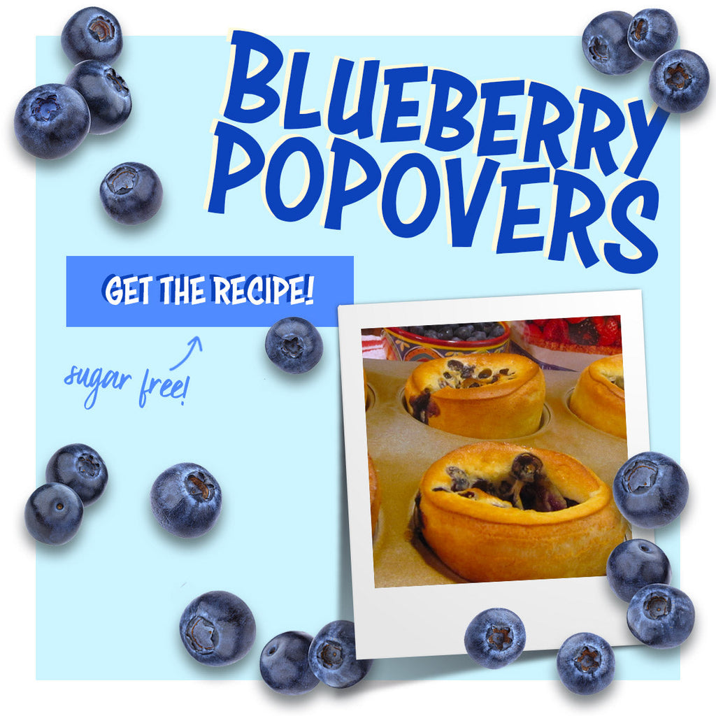 Graphic promoting sugar-free blueberry popovers with scattered blueberries and a photo of baked popovers.