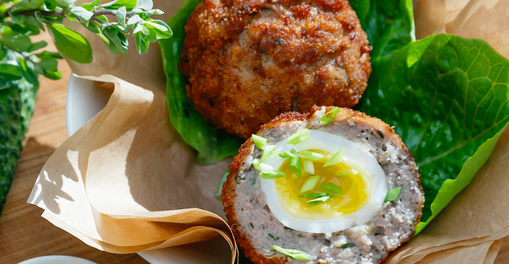 Two golden-brown meatballs are placed on a bed of green lettuce, with one cut in half to reveal a soft-boiled egg inside, garnished with chopped green onions and surrounded by brown parchment paper.