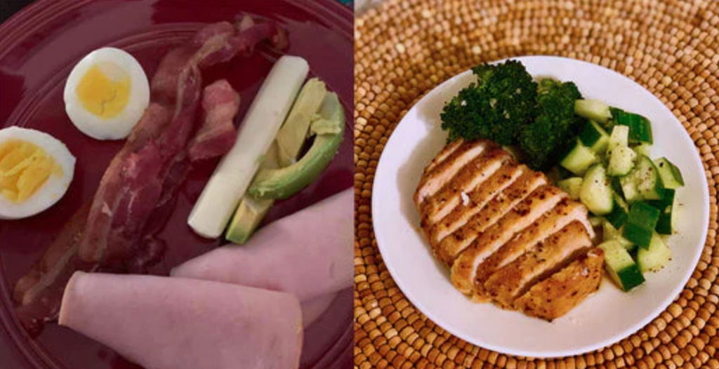 A split image shows a red plate with sliced hard-boiled eggs, bacon, avocado, ham, and cheese on one side, and a white plate with grilled chicken, broccoli, and cucumber salad on the other.