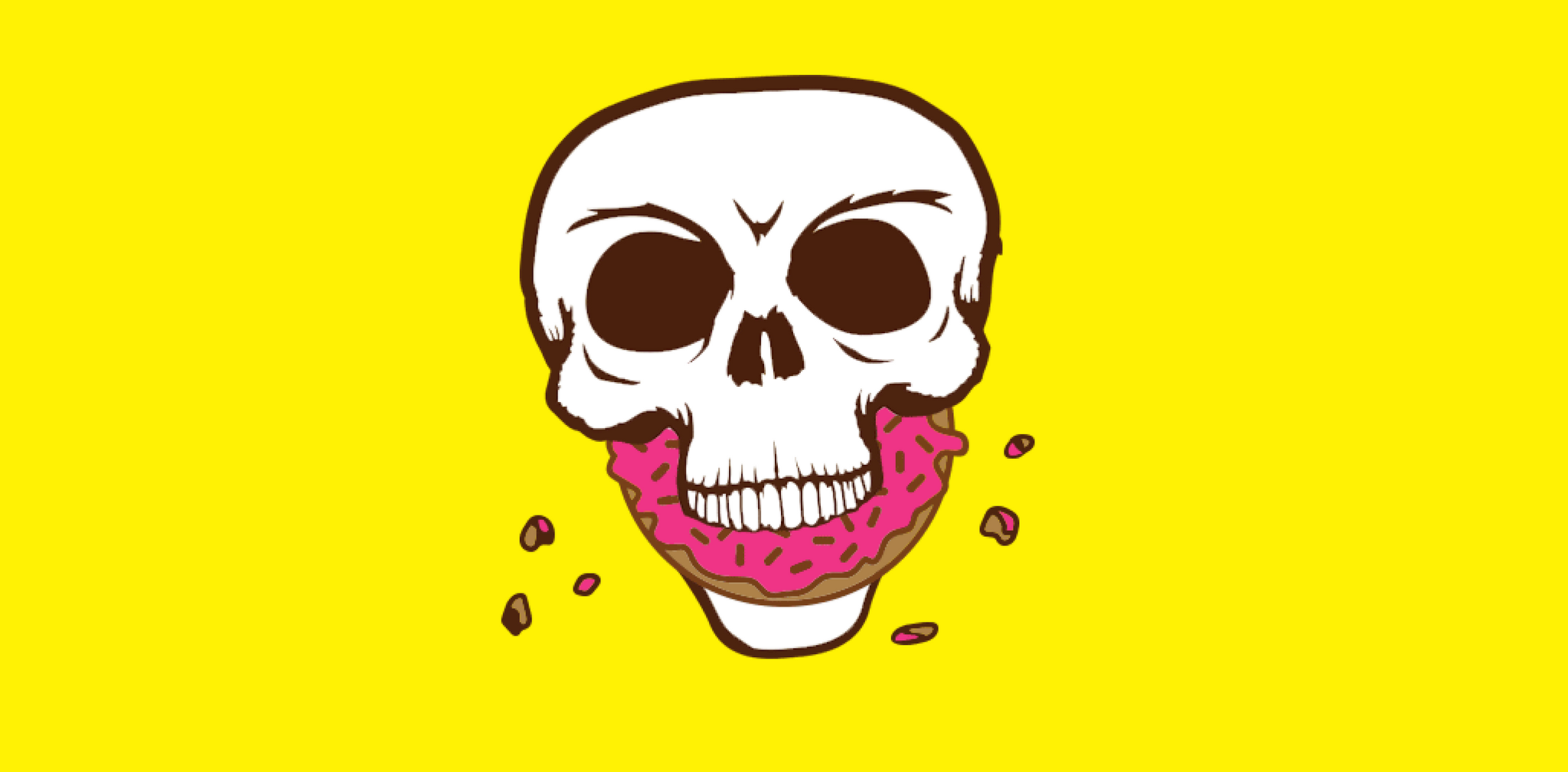 A cartoon skull with a wide grin is biting into a pink frosted donut, surrounded by colorful sprinkles, set against a bright yellow background.