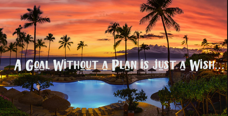 Sunset over a tropical resort with palm trees and a pool, featuring the quote A goal without a plan is just a wish.