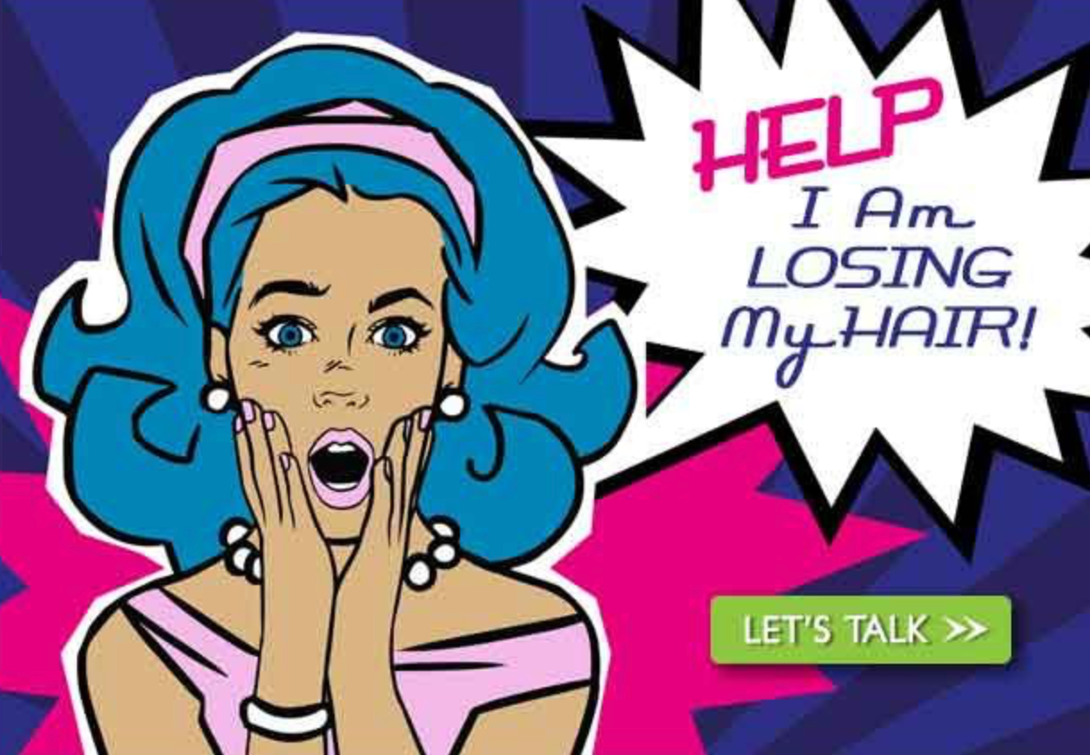 Colorful comic-style image of a surprised woman with blue hair beside text reading ‘Help, I am losing my hair!