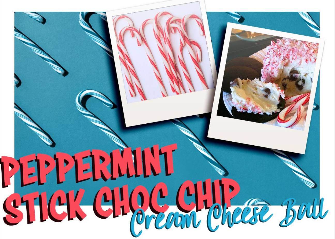 Peppermint candy canes and a peppermint chocolate chip cream cheese ball shown in festive polaroid-style images.