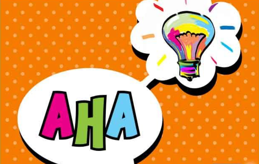 Colorful “AHA” text and a bright, multicolored light bulb on an orange polka-dot background.