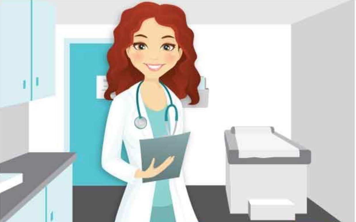Illustration of a smiling female doctor with a stethoscope standing in a medical exam room.”